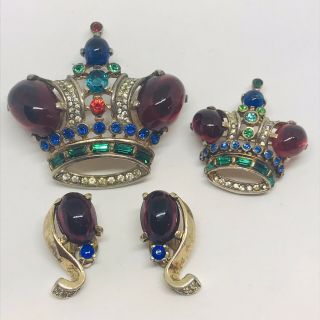 Trifari Sterling Silver Alfred Philippe Royal Red Complete Coronation Crown Set