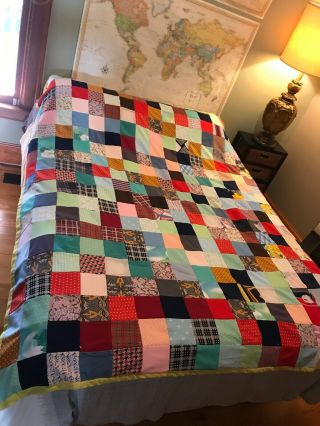 Vintage Charming Handmade Patchwork Multi - Colored Quilt 3x4 " Squares 74”x80” 2