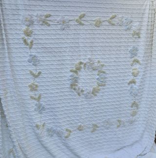 Vintage Chenille Bedspread White With Blue Flowers And Yellow - King Size