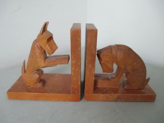 Pair 1930s Art Deco Wooden Bookends - Stylised Scottie Dogs Reading Books