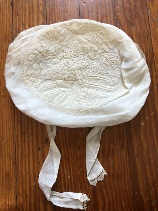 Antique Victorian Handmade Finely Embroidered Lace & Cotton Bonnet