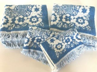 Vintage Cannon Royal Family Blue And White Floral Towel Set Of 6: 4 Bath,  2 Hand