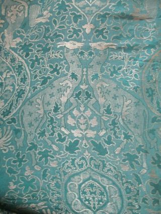 Antique Sample,  After Pugin,  Gothic Green & Gold Wire Thread Damask Fabric.