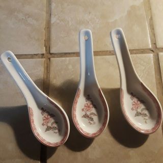 Asian Chinese Japanese Soup Spoons Vintage Hand Painted Porcelain (set Of 3)