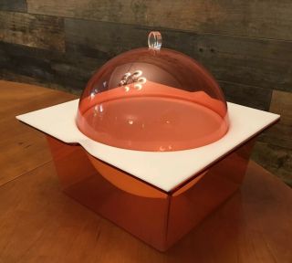 Mid Century Atomic Food Server Ice Bucket With Dome Orange 3 Pc.