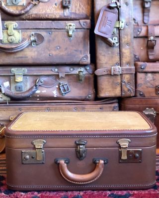 Vintage Great Silver Fleet Striped Tweed Brown Leather Trims Small Suitcase Usa