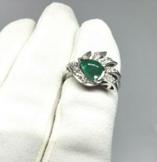 Antique/art Nouveau 14k White Gold Ring With Pear Cabochon Emerald & Diamonds