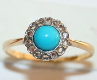 Antique Victorian French Bi Color 18k Gold Diamond Turquoise Flower Ring C1880