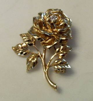 Vintage Tiffany & Co.  14k Gold & Diamond Rose Brooch Pin 7.  10 Grams