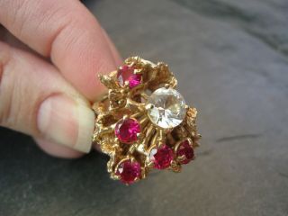 14k Gold Ruby & White Topaz Ring Spectacular Brutalist Modern Solid Yellow Sz 10