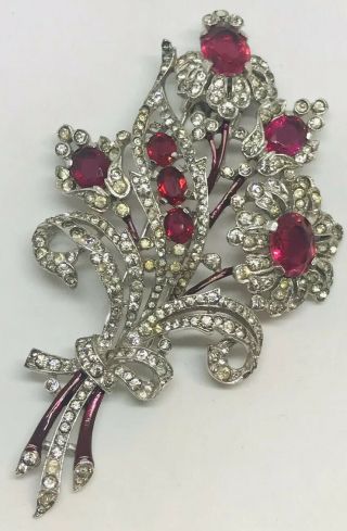 Large Vintage Trifari Alfred Philippe Ruby Stone,  Enamel & Pave Floral Spray Pin