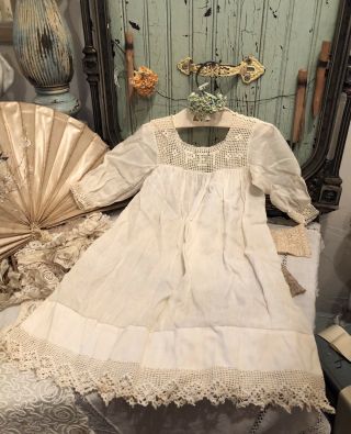 Antique Off - White Cotton Baby Night Dress Gown Crochet Bodice “pet” Large Doll
