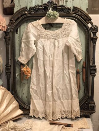 Antique Off - White Cotton Baby Night Dress Gown Crochet Bodice “PET” Large Doll 2