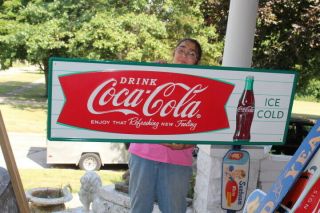 Large Coca Cola Fishtail Reissue Soda Pop Gas Station 54 " Embossed Metal Sign