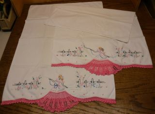 Vintage Hand Embroidered &crochet Pillowcases Southern Belle Pink Crinoline Lady