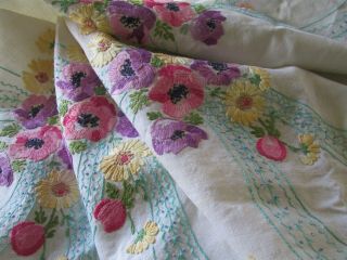 Vintage Hand Embroidered Linen Tablecloth - Exquisite Floral Posies