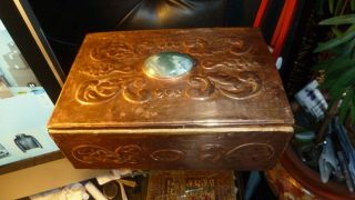 Antique Arts And Craft Copper Box With Agait Stone Inlaid