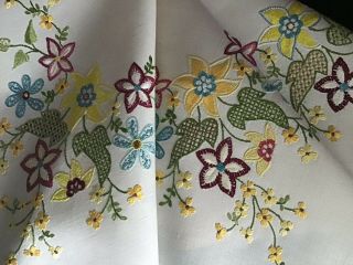 Gorgeous Vintage Linen Hand Embroidered Tablecloth Jacobean Florals