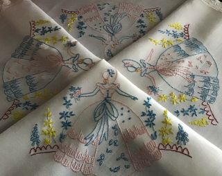 Pretty Vintage Hand Embroidered Tablecloth Crinoline Ladies & Lace Trim
