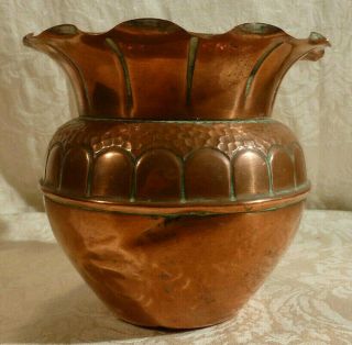 Antique Arts & Crafts Copper Pot Bowl Regd No.  4 Stamp Stylised Scallop Rim 5 "