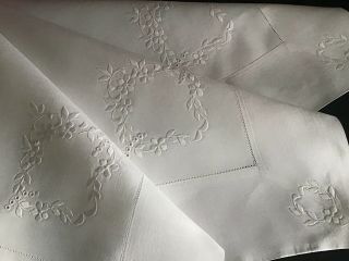 Gorgeous Antique Irish Linen Tablecloth Hand Embroidered Whitework Florals