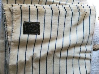 Vintage Williamsburg Restoration Wool Blanket White Blue Stripes 88x86 King Size