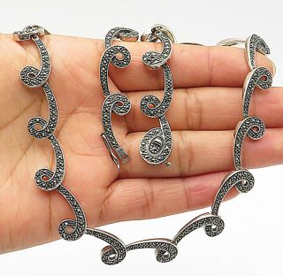 925 Sterling Silver - Vintage Marcasite Swirly Linked Chain Necklace - N1993
