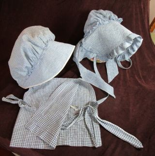 Antique 19thc Blue & White Homespun Linen & Cotton Bonnets (3) Womens Hand Made
