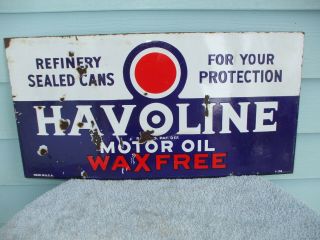 Havoline Motor Oil Porcelain Double Sided Sign Dated 1934 21 " X 10.  75
