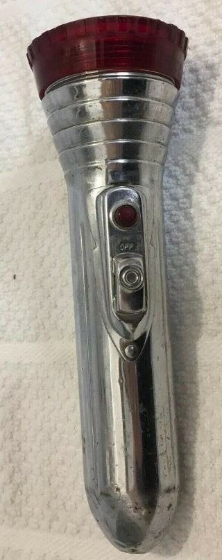 Vintage Winchester Chrome Metal Flashlight 6 1/4 " Long Red Lens Cap/button