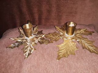 Vintage Solid Brass Taper Candle Stick Holders Holly Leaf Design Made In India