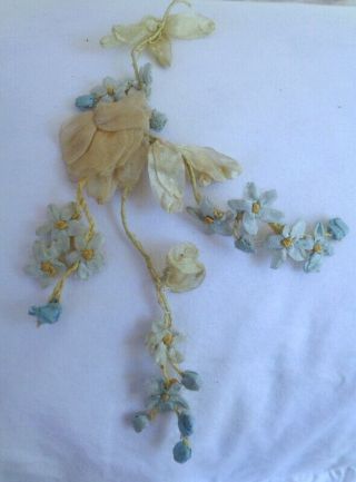 7 1/4 " Rare Victorian French Silk Ribbonwork Rose Vines And Forget Me Nots