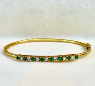 Vintage Natural Diamond & Emerald 14k Yellow Gold Hinged Bangle Bracelet 6 1/2 "