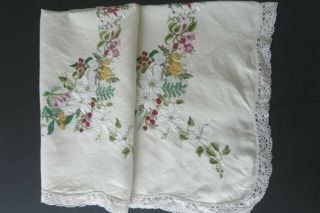 Vintage Cream Linen Lace Edged Embroidered Tablecloth