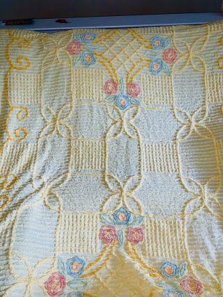 Vintage Chenille Bedspread Yellow Floral Pastel Twin