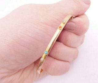 15ct Gold Seed Pearl Turquoise Coral Bangle,  Victorian