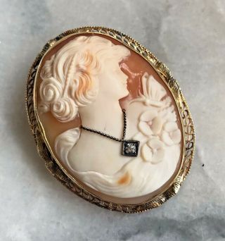Vintage Hand Carved Cameo Set In 14ct Gold And Silver Gilt With Real Diamond