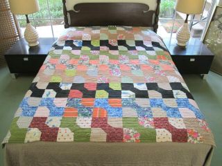Vintage Hand Pieced Machine Quilted All Cotton Bow Tie Quilt,  Fabrics; Twin