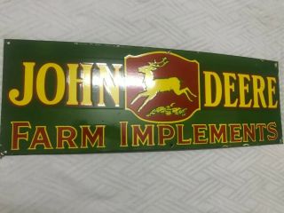 JOHN DEERE FARM IMPLEMENTS RARE 36X12 SINGLE SIDE PORCELAIN ENAMEL SIGN 3