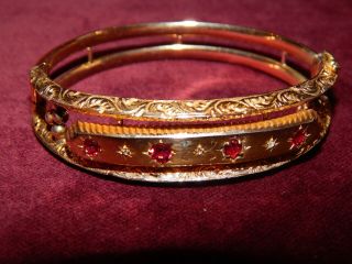 Fine Antique Victorian Etruscan Revival 9ct Gold Ruby & Diamond Hinged Bracelet