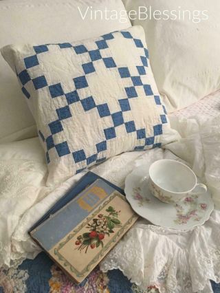 The Perfect Vintage Cottage Blue White Irish Chain Quilt Pillow Sham 14x15