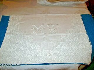 Stunning Antique French Linen Nightdress Holder,  Hand Embroidery,  Lace & Monogram