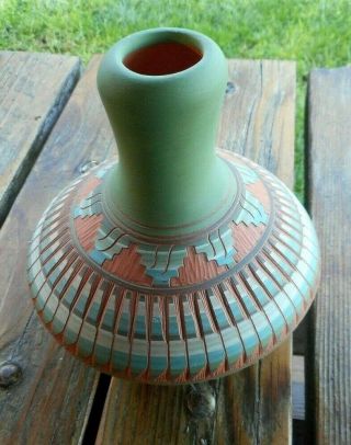 Navajo Native American Etched Pottery Vase Signed Begay