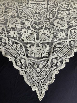 Vintage Hand Made Italian Buratto Lace Med.  Square Cream Cotton Tablecloth