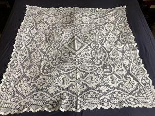 Vintage Hand Made Italian Buratto Lace Med.  Square Cream Cotton Tablecloth 2