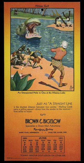 1931 Brown & Bigelow Company Archives Golf Calendar Black Americana Safari Scene