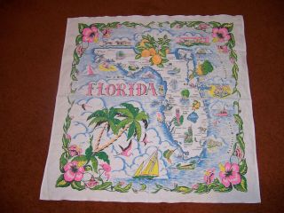 Vintage Florida State Map Souvenir Tablecloth - Pink Hibiscus Border - 32 " Vgc