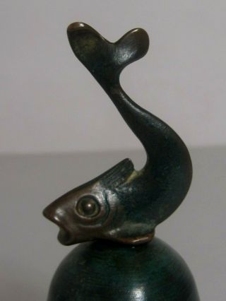 Art Deco Dolphin / Fish Bronze / Brass Table Desk Green Bell 2