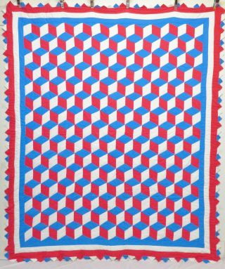 Vintage Handmade Hand Stitched Red White Blue Tumbling Blocks Star Quilt - 88x74