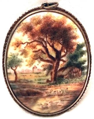 Antique Victorian Landscape Scene Sterling Silver Hand Painted Porcelain Pendant